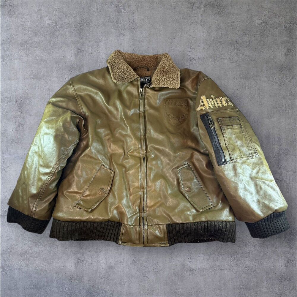 Vintage Avirex Youth Fleece Lined Leather Jacket Coat Size 10-12